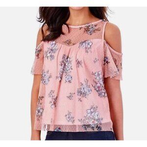 Women's Sz M IZ Byer Pink Floral Cold Shoulder Mesh Overlay Top Boho Romantic